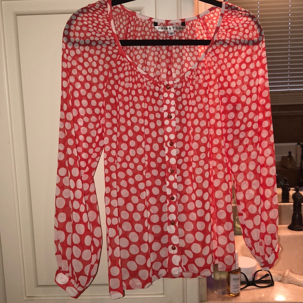 Trina Turk red polka dot button down sz small EUC - Picture 2 of 6